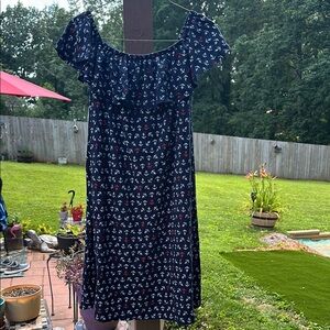 Blue and White Ruffled Off-Shoulder Midi Sundress